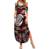 Personalized New Zealand Aotearoa Rugby Summer Maxi Dress Maori Fern Tattoo Art DT02 Women Red - Polynesian Pride