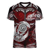 Personalized New Zealand Aotearoa Rugby Women V-Neck T-Shirt Maori Fern Tattoo Art DT02 Female Red - Polynesian Pride