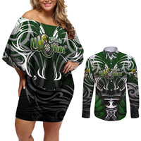 Personalised Warriors Maori Darts Couples Matching Off Shoulder Short Dress and Long Sleeve Button Shirt New Zealand Darts Silver Fern DT02 Green - Polynesian Pride