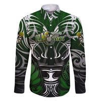 Personalised Warriors Maori Darts Family Matching Off Shoulder Maxi Dress and Hawaiian Shirt New Zealand Darts Silver Fern DT02 Dad's Shirt - Long Sleeve Green - Polynesian Pride