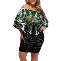 Personalised Warriors Maori Darts Family Matching Off Shoulder Short Dress and Hawaiian Shirt New Zealand Darts Silver Fern DT02 Mom's Dress Green - Polynesian Pride