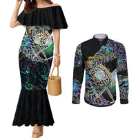 Personalised New Zealand Darts Couples Matching Mermaid Dress and Long Sleeve Button Shirt NZ Paua Shell Maori Fern DT02 Black - Polynesian Pride