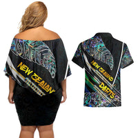 Personalised New Zealand Darts Couples Matching Off Shoulder Short Dress and Hawaiian Shirt NZ Paua Shell Maori Fern DT02 - Polynesian Pride
