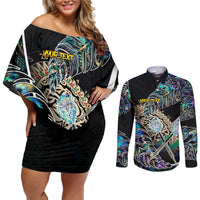 Personalised New Zealand Darts Couples Matching Off Shoulder Short Dress and Long Sleeve Button Shirt NZ Paua Shell Maori Fern DT02 Black - Polynesian Pride