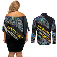 Personalised New Zealand Darts Couples Matching Off Shoulder Short Dress and Long Sleeve Button Shirt NZ Paua Shell Maori Fern DT02 - Polynesian Pride
