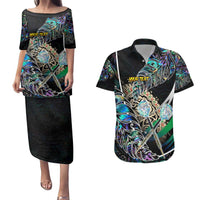 Personalised New Zealand Darts Couples Matching Puletasi and Hawaiian Shirt NZ Paua Shell Maori Fern DT02 Black - Polynesian Pride