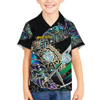 Personalised New Zealand Darts Family Matching Long Sleeve Bodycon Dress and Hawaiian Shirt NZ Paua Shell Maori Fern DT02 Son's Shirt Black - Polynesian Pride