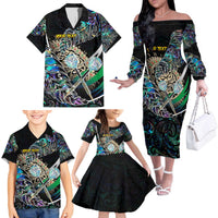 Personalised New Zealand Darts Family Matching Off The Shoulder Long Sleeve Dress and Hawaiian Shirt NZ Paua Shell Maori Fern DT02 - Polynesian Pride