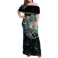 Personalised New Zealand Darts Family Matching Off Shoulder Maxi Dress and Hawaiian Shirt NZ Paua Shell Maori Fern DT02 Mom's Dress Black - Polynesian Pride
