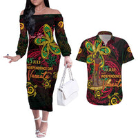 Custom Vanuatu 45th Independence Anniversary Couples Matching Off The Shoulder Long Sleeve Dress and Hawaiian Shirt Flower Melanesian Namele Turtle DT02 Black - Polynesian Pride
