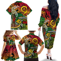 Personalized Vanuatu 45th Independence Anniversary Family Matching Off The Shoulder Long Sleeve Dress and Hawaiian Shirt Melanesian Pattern Reggae DT02 - Polynesian Pride