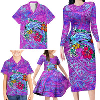 Dolphin Polynesia Family Matching Long Sleeve Bodycon Dress and Hawaiian Shirt Hibiscus Tropical Wave - Purple Vibes DT02 - Polynesian Pride
