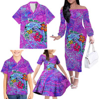 Dolphin Polynesia Family Matching Off The Shoulder Long Sleeve Dress and Hawaiian Shirt Hibiscus Tropical Wave - Purple Vibes DT02 - Polynesian Pride