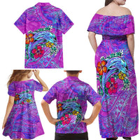 Dolphin Polynesia Family Matching Off Shoulder Maxi Dress and Hawaiian Shirt Hibiscus Tropical Wave - Purple Vibes DT02 - Polynesian Pride