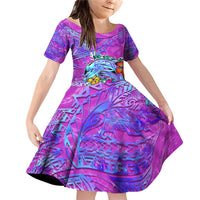 Dolphin Polynesia Family Matching Off Shoulder Short Dress and Hawaiian Shirt Hibiscus Tropical Wave - Purple Vibes DT02 Daughter's Dress Purple - Polynesian Pride