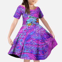 Dolphin Polynesia Family Matching Short Sleeve Bodycon Dress and Hawaiian Shirt Hibiscus Tropical Wave - Purple Vibes DT02 Daughter's Dress Purple - Polynesian Pride