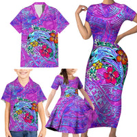 Dolphin Polynesia Family Matching Short Sleeve Bodycon Dress and Hawaiian Shirt Hibiscus Tropical Wave - Purple Vibes DT02 - Polynesian Pride