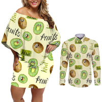 Kiwi Cute Humorous Couples Matching Off Shoulder Short Dress and Long Sleeve Button Shirt New Zealand Fruit DT02 Yellow - Polynesian Pride