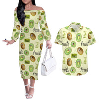 Kiwi Cute Humorous Couples Matching Off The Shoulder Long Sleeve Dress and Hawaiian Shirt New Zealand Fruit DT02 Yellow - Polynesian Pride