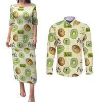 Kiwi Cute Humorous Couples Matching Puletasi and Long Sleeve Button Shirt New Zealand Fruit DT02 Yellow - Polynesian Pride