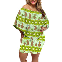 New Zealand Kiwi Fruit Witty Kiwi Bird Family Matching Off Shoulder Short Dress and Hawaiian Shirt DT02 Mom's Dress Green - Polynesian Pride