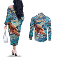 Hand In Hand Father's Day Polynesian Couples Matching Off The Shoulder Long Sleeve Dress and Long Sleeve Button Shirt Tribal Flower Pattern DT02 - Polynesian Pride