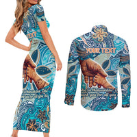 Hand In Hand Father's Day Polynesian Couples Matching Short Sleeve Bodycon Dress and Long Sleeve Button Shirt Tribal Flower Pattern DT02 - Polynesian Pride