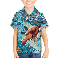 Hand In Hand Father's Day Polynesian Family Matching Off Shoulder Maxi Dress and Hawaiian Shirt Tribal Flower Pattern DT02 Son's Shirt Blue - Polynesian Pride