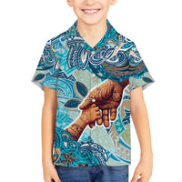 Hand In Hand Father's Day Polynesian Family Matching Puletasi and Hawaiian Shirt Tribal Flower Pattern DT02 Son's Shirt Blue - Polynesian Pride