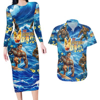 Hawaii Father's Day Couples Matching Long Sleeve Bodycon Dress and Hawaiian Shirt The Surfing Dad Polynesian Tattoo DT02 Blue - Polynesian Pride