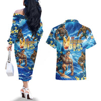 Hawaii Father's Day Couples Matching Off The Shoulder Long Sleeve Dress and Hawaiian Shirt The Surfing Dad Polynesian Tattoo DT02 - Polynesian Pride