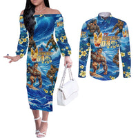 Hawaii Father's Day Couples Matching Off The Shoulder Long Sleeve Dress and Long Sleeve Button Shirt The Surfing Dad Polynesian Tattoo DT02 Blue - Polynesian Pride