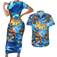 Hawaii Father's Day Couples Matching Short Sleeve Bodycon Dress and Hawaiian Shirt The Surfing Dad Polynesian Tattoo DT02 Blue - Polynesian Pride