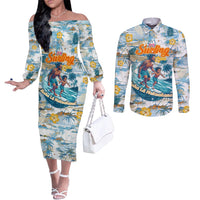 Hawaii Father's Day It's Surfing Time Couples Matching Off The Shoulder Long Sleeve Dress and Long Sleeve Button Shirt Aloha L Makuakane DT02 Blue - Polynesian Pride