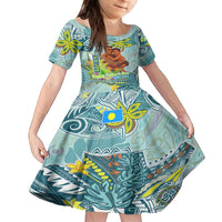 Palau Father's Day Polynesia Family Matching Off The Shoulder Long Sleeve Dress and Hawaiian Shirt Dad and Son DT02 Daughter's Dress Blue - Polynesian Pride