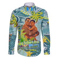 Palau Father's Day Polynesia Family Matching Off The Shoulder Long Sleeve Dress and Hawaiian Shirt Dad and Son DT02 Dad's Shirt - Long Sleeve Blue - Polynesian Pride