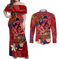 Happy Father's Day French Polynesia Couples Matching Off Shoulder Maxi Dress and Long Sleeve Button Shirt Family Turtle Hibiscus DT02 Red - Polynesian Pride