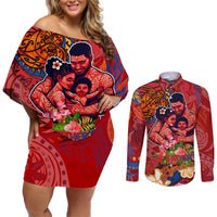 Happy Father's Day French Polynesia Couples Matching Off Shoulder Short Dress and Long Sleeve Button Shirt Family Turtle Hibiscus DT02 Red - Polynesian Pride