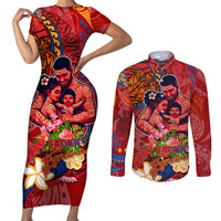 Happy Father's Day French Polynesia Couples Matching Short Sleeve Bodycon Dress and Long Sleeve Button Shirt Family Turtle Hibiscus DT02 Red - Polynesian Pride