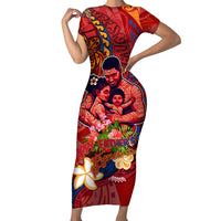 Happy Father's Day French Polynesia Short Sleeve Bodycon Dress Family Turtle Hibiscus DT02 Long Dress Red - Polynesian Pride