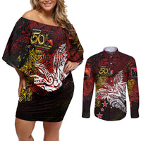 PNG 1975 - 2025 Couples Matching Off Shoulder Short Dress and Long Sleeve Button Shirt Papua New Guinea 50th Independence Anniversary DT02 Art - Polynesian Pride