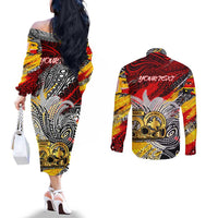 Papua New Guinea 50th Independence Day Couples Matching Off The Shoulder Long Sleeve Dress and Long Sleeve Button Shirt Celebrate Our History, Inspire Our Future DT02 - Polynesian Pride