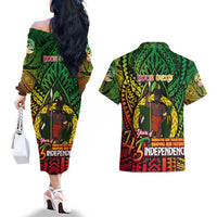 Vanuatu 45th Independence Anniversary Couples Matching Off The Shoulder Long Sleeve Dress and Hawaiian Shirt Embracing Our Traditions Shaping Our Future DT02 - Polynesian Pride