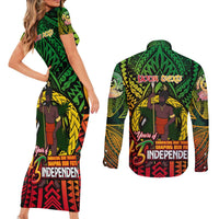 Vanuatu 45th Independence Anniversary Couples Matching Short Sleeve Bodycon Dress and Long Sleeve Button Shirt Embracing Our Traditions Shaping Our Future DT02 - Polynesian Pride