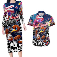 Personalized Kiwi New Zealand Rugby Couples Matching Long Sleeve Bodycon Dress and Hawaiian Shirt Kiwis Mascot Tropical Pattern DT02 Blue - Polynesian Pride