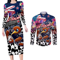 Personalized Kiwi New Zealand Rugby Couples Matching Long Sleeve Bodycon Dress and Long Sleeve Button Shirt Kiwis Mascot Tropical Pattern DT02 Blue - Polynesian Pride