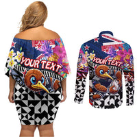 Personalized Kiwi New Zealand Rugby Couples Matching Off Shoulder Short Dress and Long Sleeve Button Shirt Kiwis Mascot Tropical Pattern DT02 - Polynesian Pride