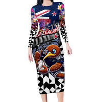 Personalized Kiwi New Zealand Rugby Family Matching Long Sleeve Bodycon Dress and Hawaiian Shirt Kiwis Mascot Tropical Pattern DT02 Mom's Dress Blue - Polynesian Pride