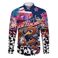 Personalized Kiwi New Zealand Rugby Family Matching Off Shoulder Maxi Dress and Hawaiian Shirt Kiwis Mascot Tropical Pattern DT02 Dad's Shirt - Long Sleeve Blue - Polynesian Pride