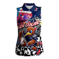 Personalized Kiwi New Zealand Rugby Women Sleeveless Polo Shirt Kiwis Mascot Tropical Pattern DT02 Female Blue - Polynesian Pride